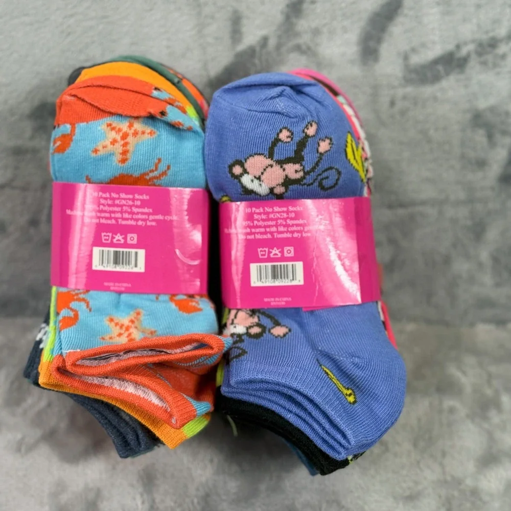 20 Pack Girls No Show Socks Size 6-8 Monkey Sea Creature Colorful GN26-10 NEW